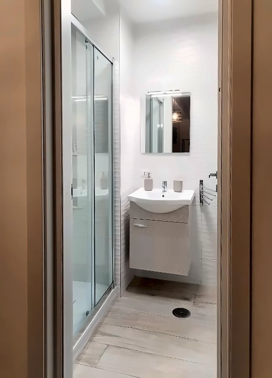 Bagno privato con doccia, lavabo e specchio